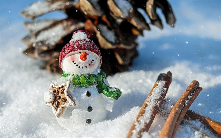 muñeco de nieve, 4k, invierno, ventisqueros, personajes de invierno, nevada, muñecos de nieve