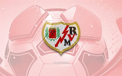 Rayo Vallecano glossy logo, 4K, red football background, LaLiga, soccer, spanish football club, Rayo Vallecano 3D logo, Rayo Vallecano emblem, Rayo Vallecano FC, football, La Liga, sports logo, Rayo Vallecano logo, Rayo Vallecano