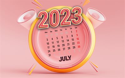 calendário de julho de 2023, 4k, fundos rosa, calendários de verão, 2023 conceitos, relógio 3d rosa, calendários 2023, julho