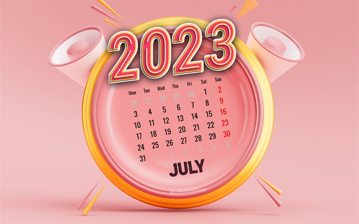 juli 2023 kalender, 4k, rosa bakgrunder, sommarens kalendrar, julikalendern 2023, 2023 koncept, rosa 3d klocka, 2023 kalendrar, juli