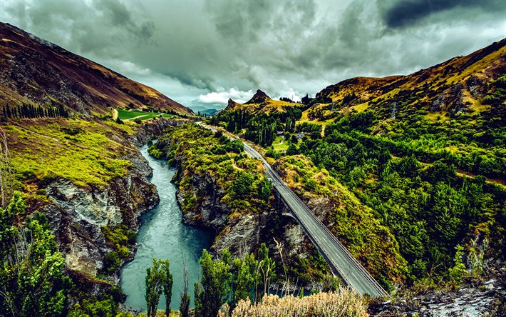 क्वीन्सटाउन, 4k, एचडीआर, नदी, सड़क, घाटी, पहाड़ों, न्यूजीलैंड, सुंदर प्रकृति