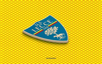 4k, US Lecce isometric logo, 3d art, Italian football club, isometric art, US Lecce, yellow background, Serie A, Italy, football, isometric emblem, US Lecce logo
