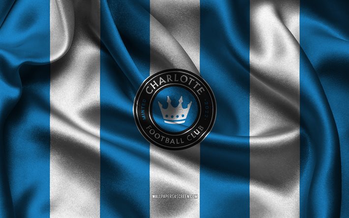 4k, Charlotte FC logo, blue white silk fabric, American soccer team, Charlotte FC emblem, MLS, Charlotte FC, USA, soccer, football, Charlotte FC flag