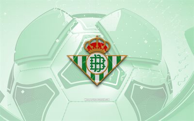 Real Betis glossy logo, 4K, green football background, LaLiga, soccer, spanish football club, Real Betis 3D logo, Real Betis emblem, Real Betis FC, football, La Liga, sports logo, Real Betis logo, Real Betis Balompie