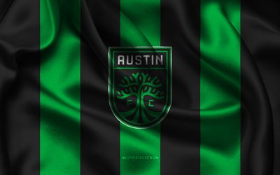 4k, logo dell'austin fc, tessuto di seta nero verde, squadra di calcio americana, stemma dell'austin fc, mls, austin fc, stati uniti d'america, calcio, bandiera dell'austin fc