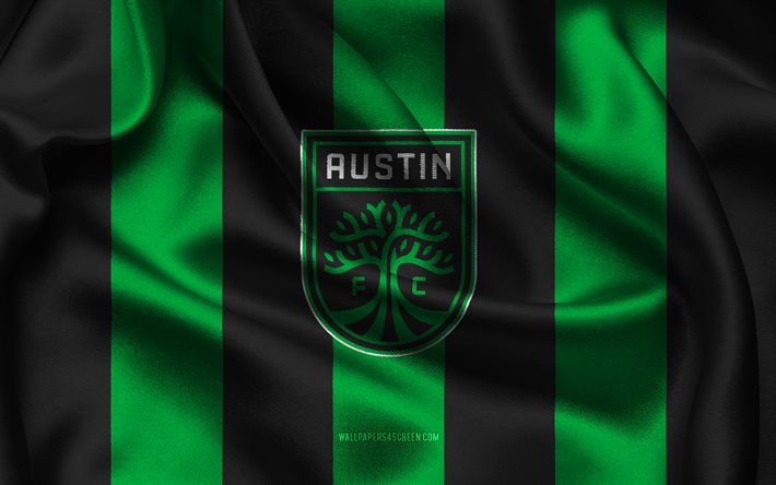 4k, logotipo de austin fc, tela de seda negra verde, equipo de fútbol americano, emblema de austin fc, mls, austin fc, eeuu, fútbol, bandera de austin fc