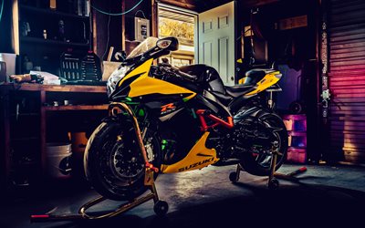 suzuki gsx r600, 4k, garaje, 2017 bicicletas, supermotos, suzuki gsx r600 amarilla, 2017 suzuki gsx r600, motocicletas japonesas, hdr, suzuki