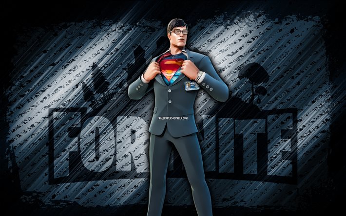 Clark Kent Fortnite, 4k, gray diagonal background, grunge art, Fortnite, artwork, Clark Kent Skin, Fortnite characters, Clark Kent, Fortnite Clark Kent Skin