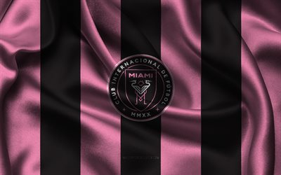 4k, Inter Miami CF logo, pink black silk fabric, American soccer team, Inter Miami CF emblem, MLS, Inter Miami CF, USA, soccer, football, Inter Miami CF flag