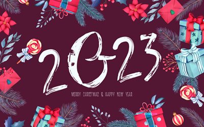 4k, 2023 Happy New Year, white calligraphic digits, 3D art, 2023 concepts, artwork, 2023 3D digits, xmas decorations, Happy New Year 2023, creative, 2023 year, 2023 purple background