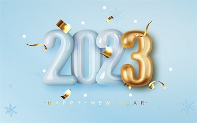 hyvää uutta vuotta 2023, sininen tausta 2023, 2023 täytetyt ilmapallot, 2023 konseptit, 2023 hyvää uutta vuotta, 2023 onnittelukortti