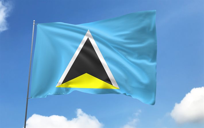 Saint Lucia flag on flagpole, 4K, North American countries, blue sky, flag of Saint Lucia, wavy satin flags, Saint Lucia flag, Saint Lucia national symbols, flagpole with flags, Day of Saint Lucia, North America, Saint Lucia