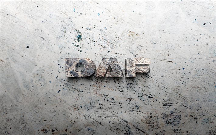daf 스톤 로고, 4k, 돌 배경, daf 3d 로고, 자동차 브랜드, 창의적인, daf 로고, 그런지 아트, daf