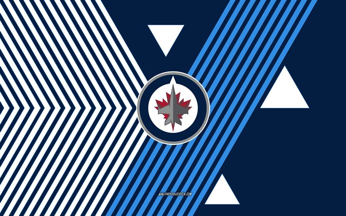 logo dei winnipeg jets, 4k, squadra canadese di hockey, sfondo blu linee bianche, winnipeg jets, nhl, stati uniti d'america, linea artistica, emblema dei winnipeg jets, hockey