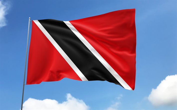 Trinidad and Tobago flag on flagpole, 4K, North American countries, blue sky, flag of Trinidad and Tobago, wavy satin flags, Trinidad and Tobago flag, Grenada national symbols, flagpole with flags, Day of Trinidad and Tobago, Trinidad and Tobago