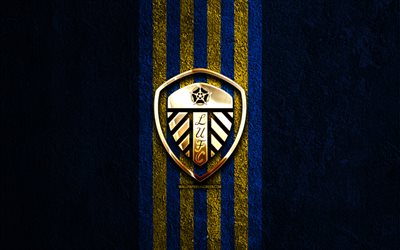 Leeds United golden logo, 4k, blue stone background, Premier League, english football club, Leeds United logo, soccer, Leeds United emblem, Leeds United FC, football, Leeds United