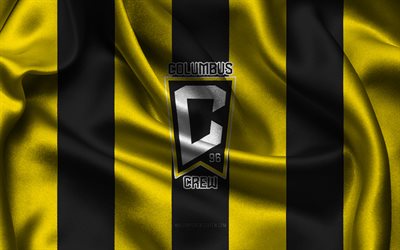 4k, logo de l'équipage columbus, tissu de soie jaune noir, équipe de football américain, emblème columbus crew, mls, équipage colomb, etats unis, football, drapeau columbus crew