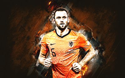 stefan de vrij, alankomaiden jalkapallomaajoukkue, hollantilainen jalkapalloilija, puolustaja, muotokuva, oranssi kivi tausta, alankomaat