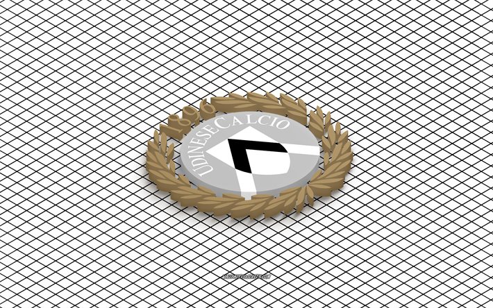 4k, Udinese Calcio isometric logo, 3d art, Italian football club, isometric art, Udinese Calcio, white background, Serie A, Italy, football, isometric emblem, Udinese Calcio logo