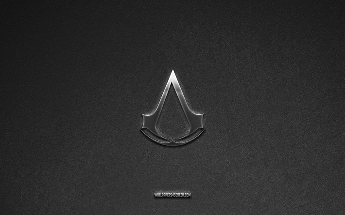 Assassins Creed logo, brands, gray stone background, Assassins Creed emblem, popular logos, Assassins Creed, metal signs, Assassins Creed metal logo, stone texture