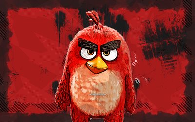 4k, red angry birds, grunge taidetta, angry birds  elokuva, luova, angry birds  hahmot, punainen grunge tausta, sarjakuvalintuja, päähenkilö, vihaiset linnut