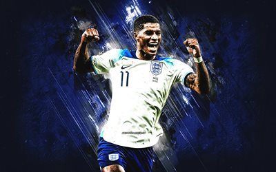 Marcus Rashford, England national football team, Qatar 2022, English football player, striker, blue stone background, England, football