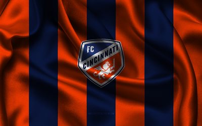4k, logotipo del fc cincinnati, tela de seda azul naranja, equipo de fútbol americano, emblema del fc cincinnati, mls, fc cincinnati, eeuu, fútbol, bandera del fc cincinnati