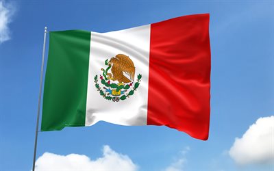 Mexico flag on flagpole, 4K, North American countries, blue sky, flag of Mexico, wavy satin flags, Mexican flag, Mexican national symbols, flagpole with flags, Day of Mexico, North America, Mexico flag, Mexico