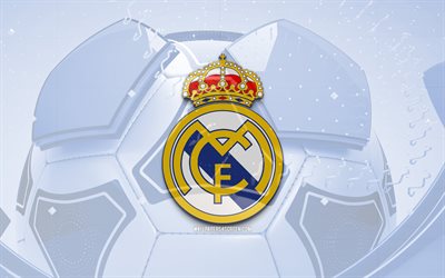 レアル マドリードの光沢のあるロゴ, 4k, 青いサッカーの背景, ラ・リーガ, サッカー, スペインのサッカークラブ, レアル・マドリードの 3d ロゴ, レアル・マドリードのエンブレム, レアル・マドリードfc, フットボール, スポーツのロゴ, レアル・マドリードのロゴ, レアル・マドリードcf