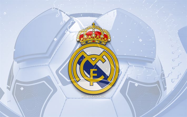 Real Madrid glossy logo, 4K, blue football background, LaLiga, soccer, spanish football club, Real Madrid 3D logo, Real Madrid emblem, Real Madrid FC, football, La Liga, sports logo, Real Madrid logo, Real Madrid CF