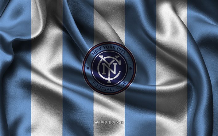4k, new york city fc logosu, mavi kırmızı ipek kumaş, amerikan futbol takımı, new york city fc amblemi, mls, new york city fc, amerika birleşik devletleri, futbol, new york fc bayrağı