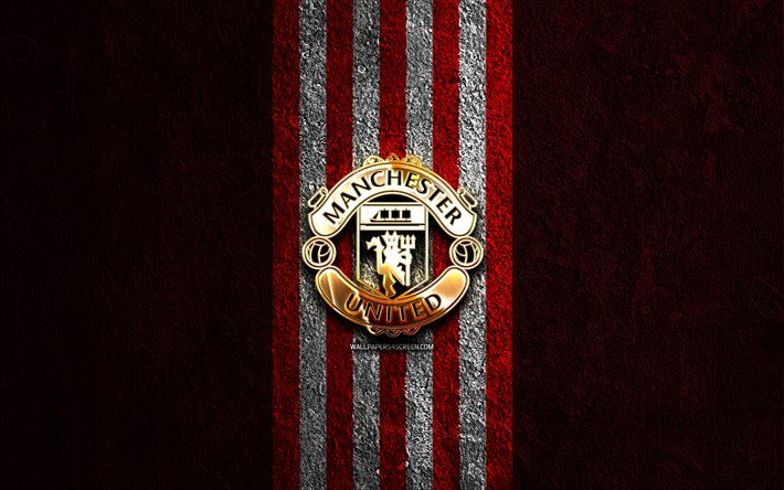 マンチェスター・ユナイテッドの金色のロゴ, 4k, 赤い石の背景, プレミアリーグ, イングランドのサッカークラブ, マンチェスター・ユナイテッドのロゴ, サッカー, マンチェスター・ユナイテッドのエンブレム, マンチェスター・ユナイテッドfc, フットボール, マンチェスター・ユナイテッド