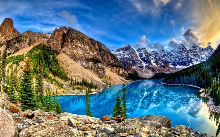 Valley of the Ten Peaks, Moraine lake, summer, mountains, HDR, Banff National Park, Alberta, Canada