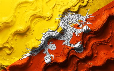 bhutanin lippu, 4k, kiviaallon rakenne, 3d bhutanin lippu, aasia, aasian maiden liput, bhutan