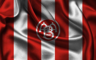 4k, logo aalborg bk, tessuto di seta bianca rossa, squadra di calcio danese, emblema aalborg bk, superliga danese, aalborg bk, danimarca, calcio, bandiera aalborg bk, aalborg fc