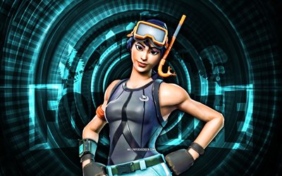 plongeuse fortnite, 4k, fond en spirale bleu, fortnite, créatif, peau de plongeuse, peau de plongeuse de fortnite, plongeuse, personnages fortnite