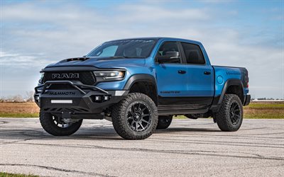 ram 1500 trx hennessey, 4k, sintonizzazione, 2024 auto, pickup, blue ram 1500, auto americane, 2024 ram 1500