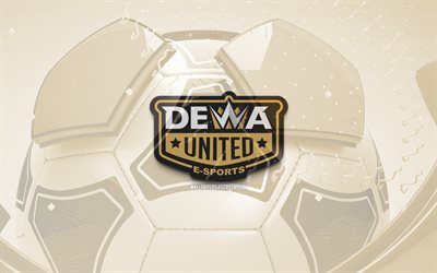 Dewa United glossy logo, 4K, brown football background, Liga 1 Indonesia, soccer, Indonesian football club, Dewa United emblem, Dewa United, football, sports logo, Dewa United logo, Dewa United FC