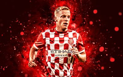 Donny van de Beek, 4k, red neon lights, Girona FC, La Liga, Dutch footballers, Donny van de Beek 4K, football, soccer, LaLiga, Donny van de Beek Girona