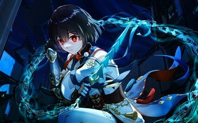 xueyi, 4k, espada azul, honkai star rail, arte 3d, manga, personajes de anime, flores rojas, personajes de honkai star rail, xueyi honkai star rail