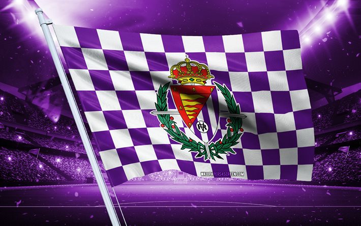 4k, real valladolid cf logotipo, club de fútbol español, bandera del estadio, fank de verdaderos fanáticos de valladolid cf, bandera blanca púrpura, emblema valladolid cf real, la liga, españa, fútbol americano, valladolid real