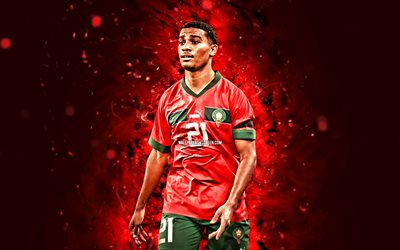 Amine Adli, 4k, red neon lights, Morocco national football team, CAF, Moroccan footballers, Amine Adli 4K, football, soccer, national teams, Amine Adli Morocco Team