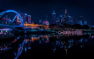 flinders street tren istasyonu, 4k, gece manzaraları, köprü, yol ışıkları, melbourne, avustralya, melbourne cityscape, melbourne yer işaretleri, avustralya şehirleri