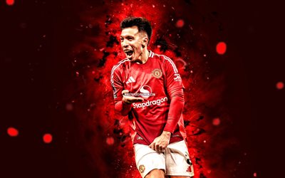 Lisandro Martinez, 4k, red neon lights, Manchester United FC, Premier League, argentine footballers, Lisandro Martinez 4K, football, soccer, Lisandro Martinez Manchester United, Man United