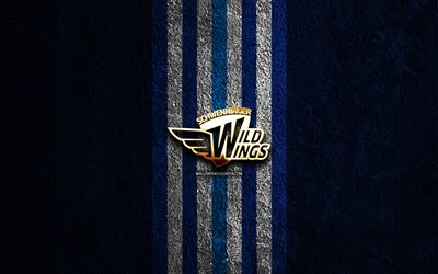 schwenninger wild wings golden logo, 4k, blå stenbakgrund, del, tyska hockeyklubb, schwenninger wild wings logo, hockey, schwenninger wild wings emblem, schwenninger vilda vingar