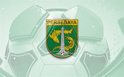 Persebaya Surabaya glossy logo, 4K, green football background, Liga 1 Indonesia, soccer, Indonesian football club, Persebaya Surabaya emblem, Persebaya Surabaya, football, sports logo, Persebaya Surabaya logo, Persebaya Surabaya FC