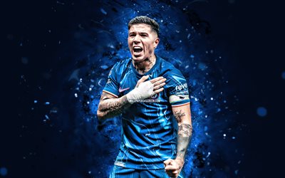 enzo fernandez, 4k, mavi neon işıklar, chelsea fc, premier lig, arjantinli futbolcular, enzo fernandez 4k, futbol, enzo fernandez chelsea