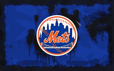 new york mets grunge logosu, 4k, mlb, mavi grunge arka plan, beyzbol, new york mets amblemi, new york mets logosu, amerikan beyzbol takımı, new york mets