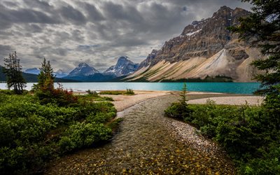 bogensee, gletschersee, kanadische rockies, abend, sonnenuntergang, berglandschaft, see, gebirge, alberta, kanada