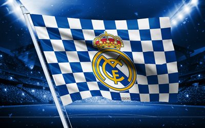 4k, logotipo del real madrid, club de fútbol español, bandera del estadio, fank de los fanáticos del real madrid, bandera blanca azul, emblema del real madrid, la liga, españa, fútbol americano, real madrid, real madrid cf